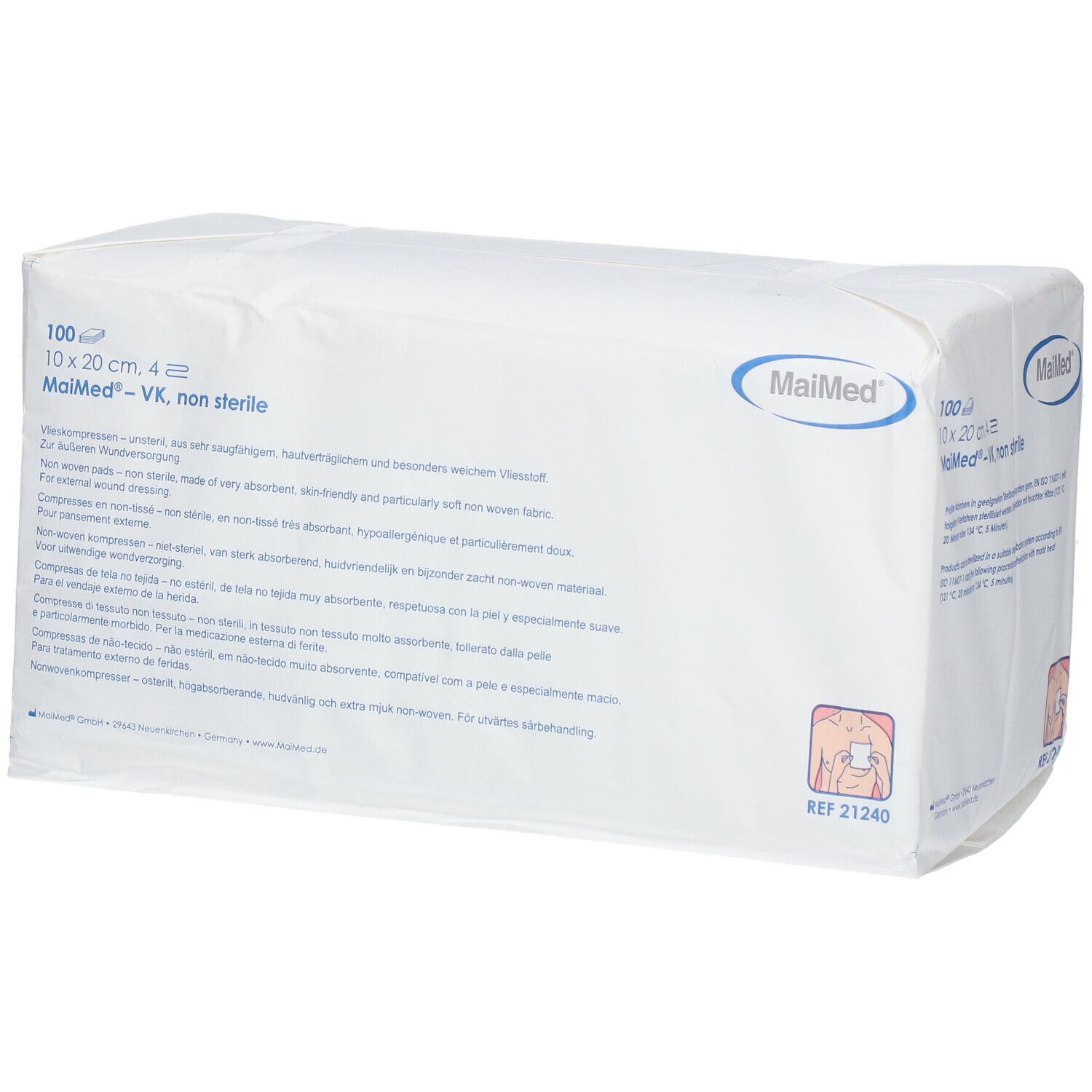 Paquet rectangulaire blanc MaiMed. Contient 100 compresses 10x20 cm, 4 plis. Texte sur l'emballage.