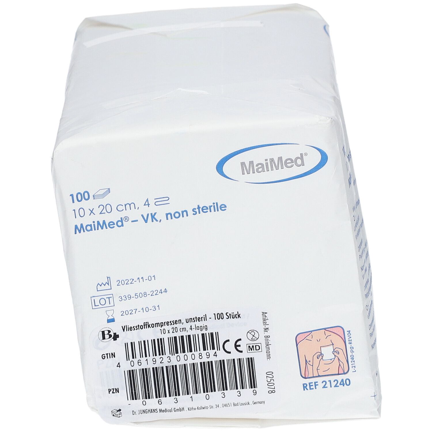 Paquet blanc MaiMed en biais. Contient 100 compresses 10x20 cm, 4 plis. Informations produit et marquage CE.