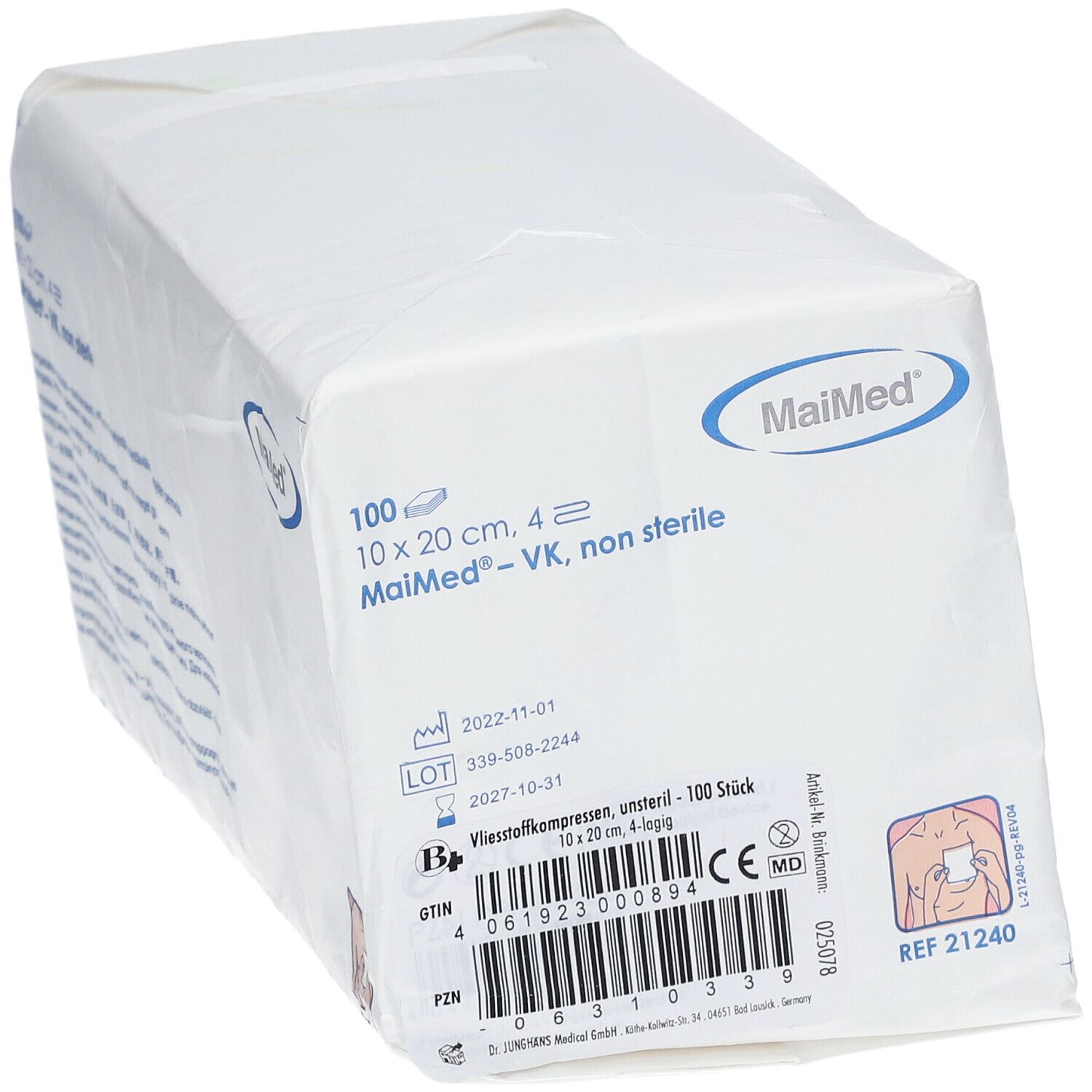 Paquet rectangulaire blanc MaiMed. Contient 100 compresses 10x20 cm, 4 plis. Informations produit et marquage CE.