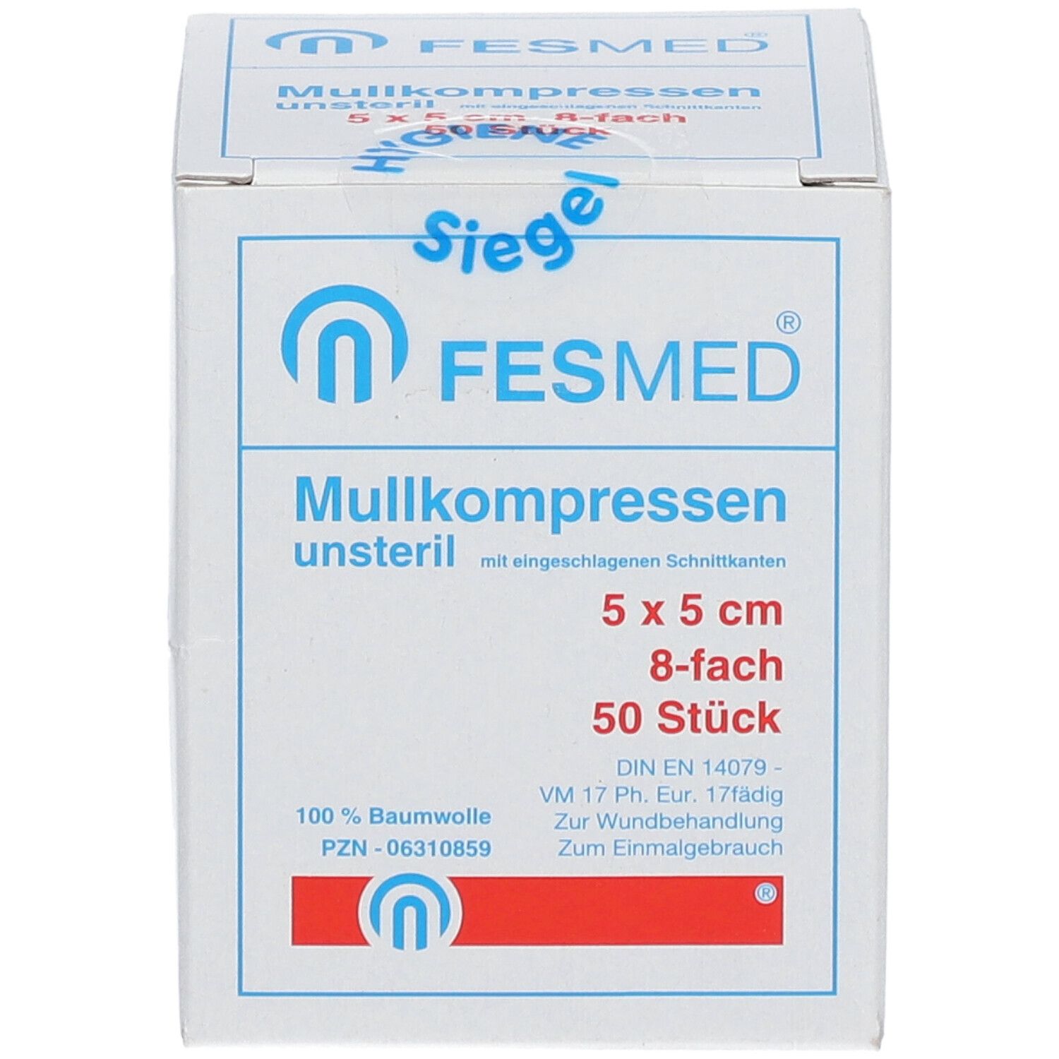 Boîte de compresses de gaze. Inscription : FESMED, compresses de gaze stériles, 5 x 5 cm, 8 plis, 50 pièces. Sceau.