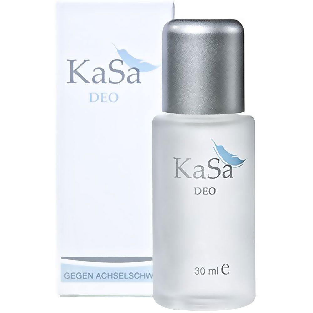 Roll-on déodorant et emballage. Inscription : KaSa Deo. Bouteille en verre, bouchon argenté. Emballage blanc.