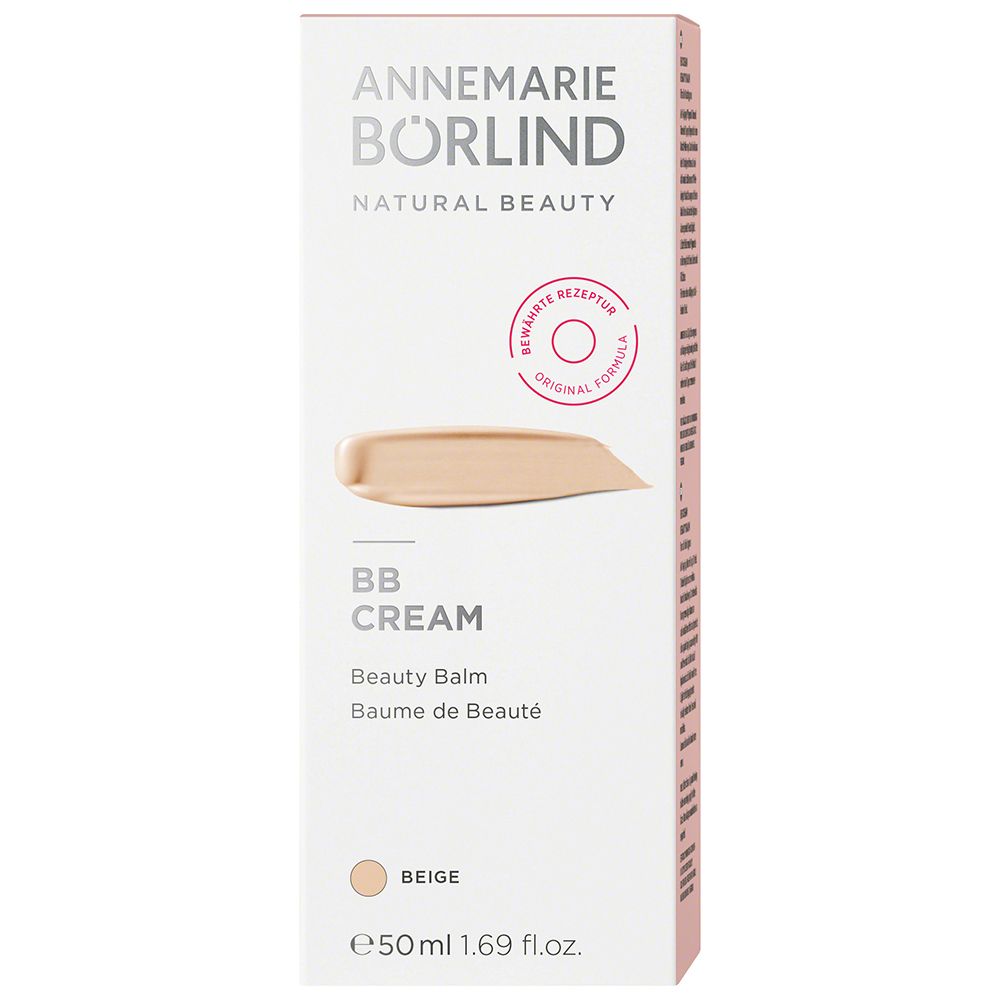 Emballage de BB Cream. Marque : ANNEMARIE BÖRLIND. Texte : BB CREAM, Beauty Balm. Teinte : Beige. Échantillon.