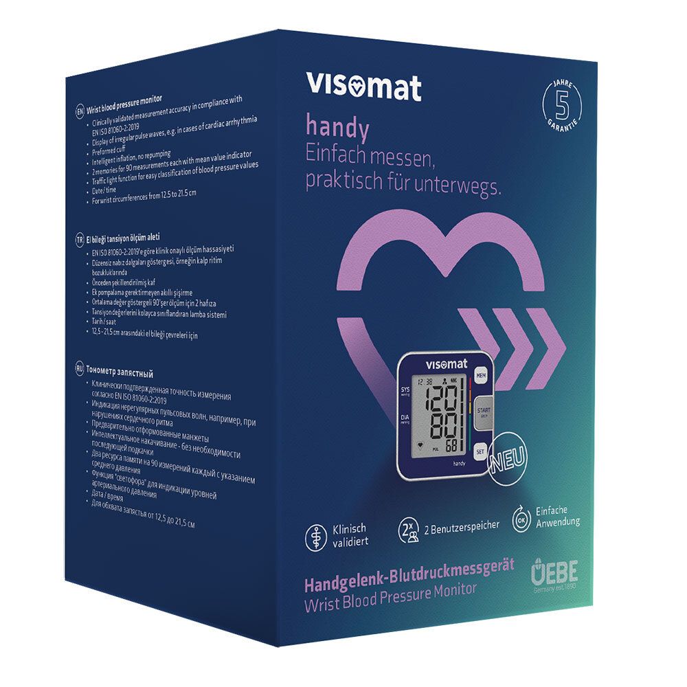 Emballage pour visomat® handy. Contient un tensiomètre de poignet. Texte en allemand et anglais. Garantie 5 ans.