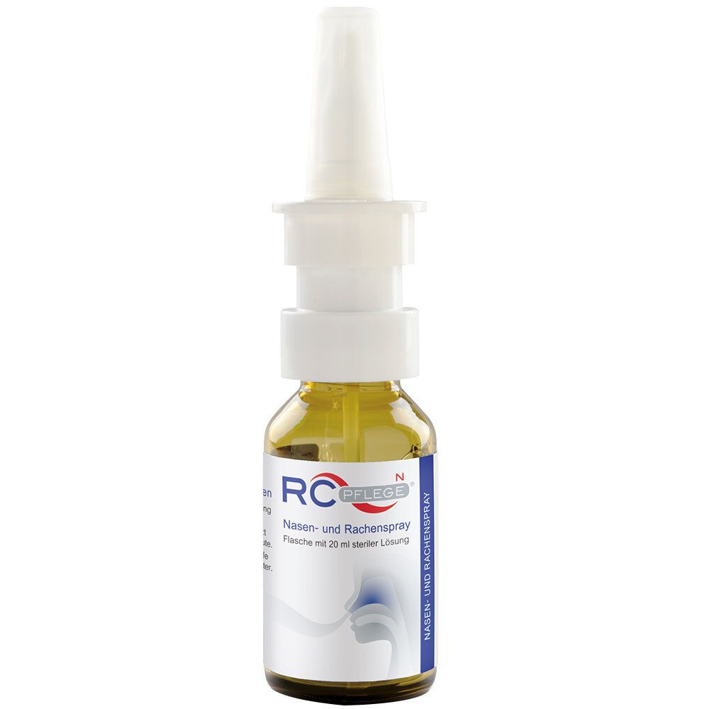 Flacon de spray nasal avec embout. Contient RC-Pflege®N. Liquide jaune dans flacon en verre.