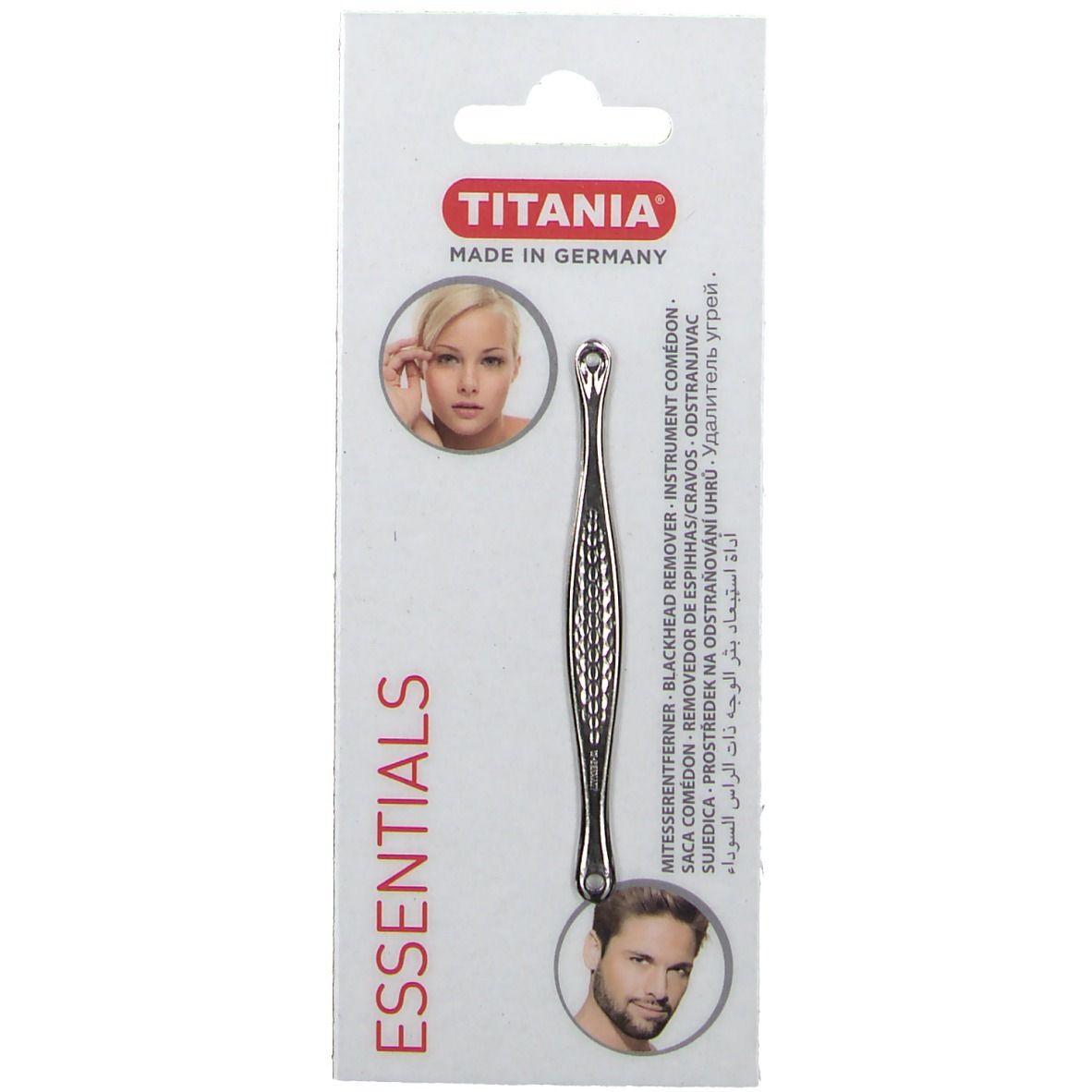 Extracteur de points noirs TITANIA® sur emballage. Instrument métallique avec boucle et pointe. Logo Essentials.