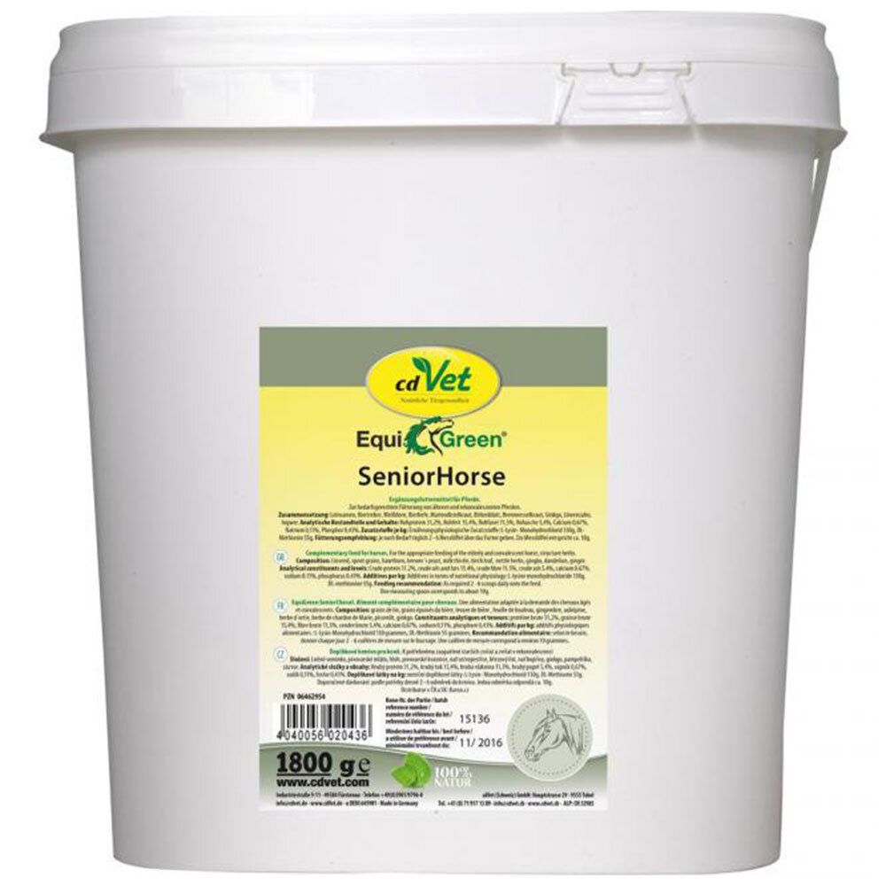 Seau blanc avec étiquette. L'étiquette indique "cd Vet Equi Green SeniorHorse".