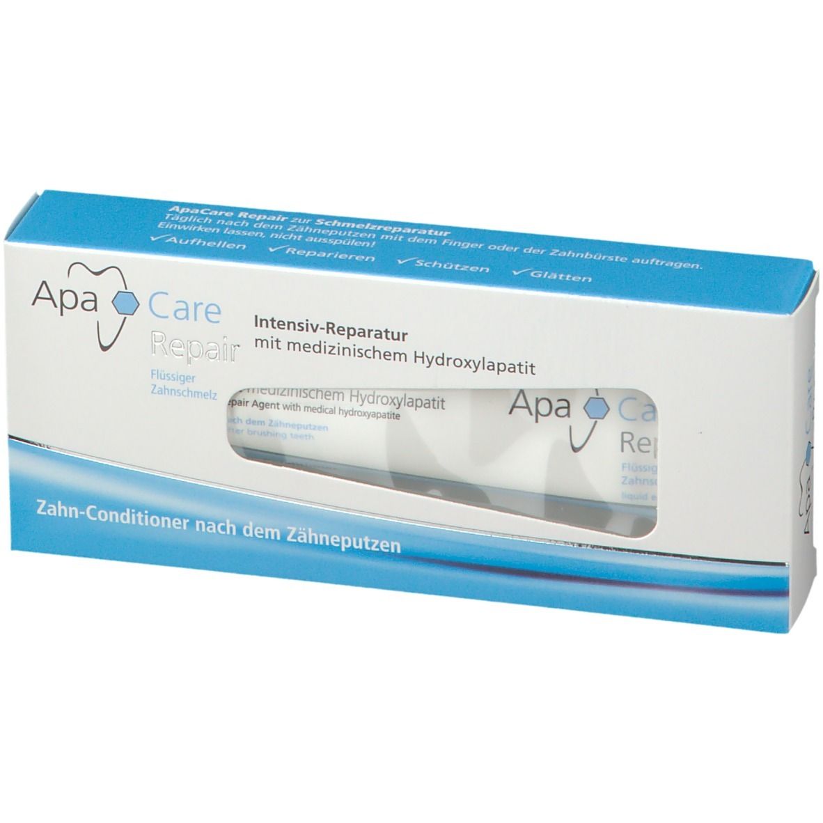 Emballage bleu et blanc avec nom et description du produit. Fenêtre montrant un tube.