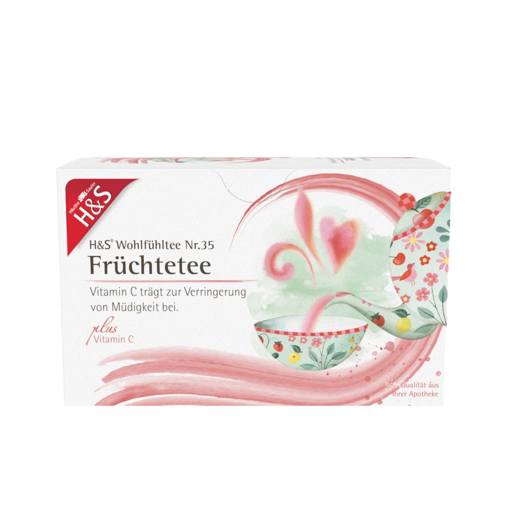 Boîte de H&S Thé aux fruits avec Vitamine C N°35. Emballage rouge et blanc avec illustration de fruits.