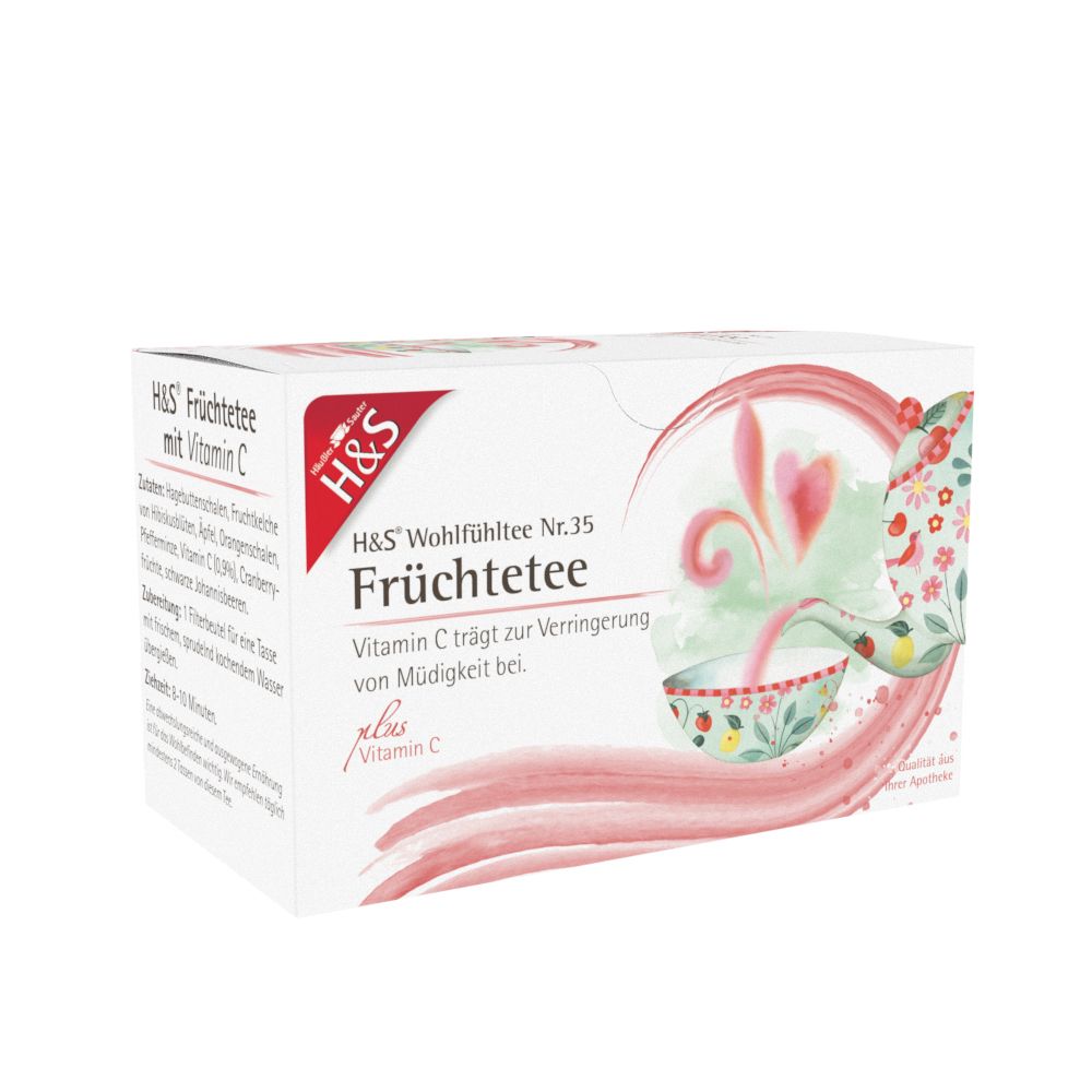 Boîte de H&S Thé aux fruits avec Vitamine C N°35. Vue latérale de l'emballage rouge et blanc.
