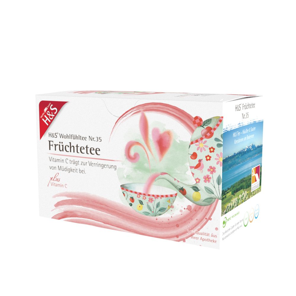 Boîte de H&S Thé aux fruits avec Vitamine C N°35. Vue avant et latérale de l'emballage.