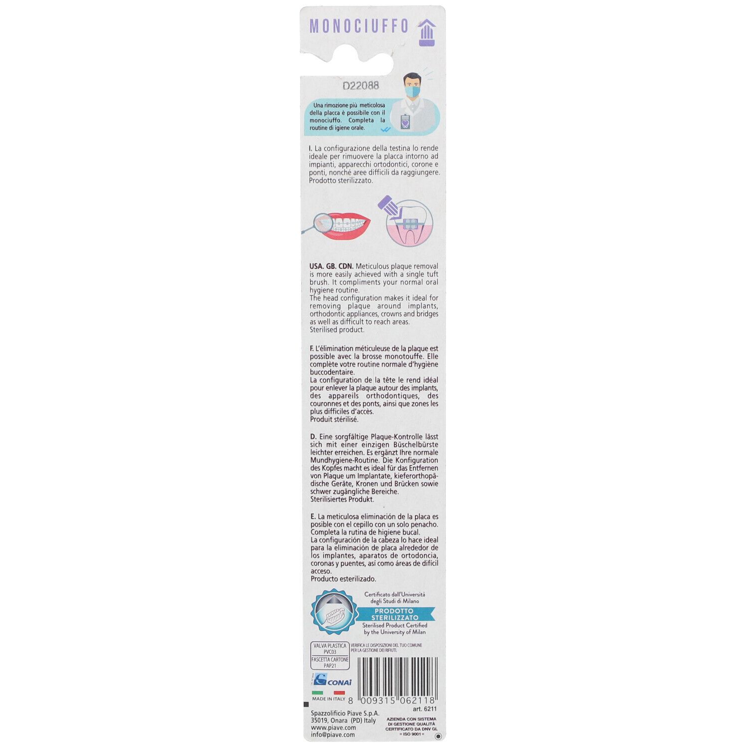 Dos de l'emballage de la brosse à dents à touffe unique. Texte et illustrations sur l'utilisation et la certification.