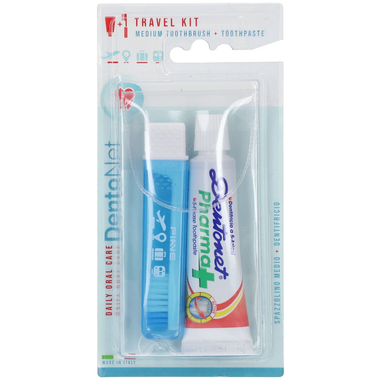 Kit de voyage Dentonet. Comprend brosse à dents, dentifrice en blister. Inscription "Travel Kit".