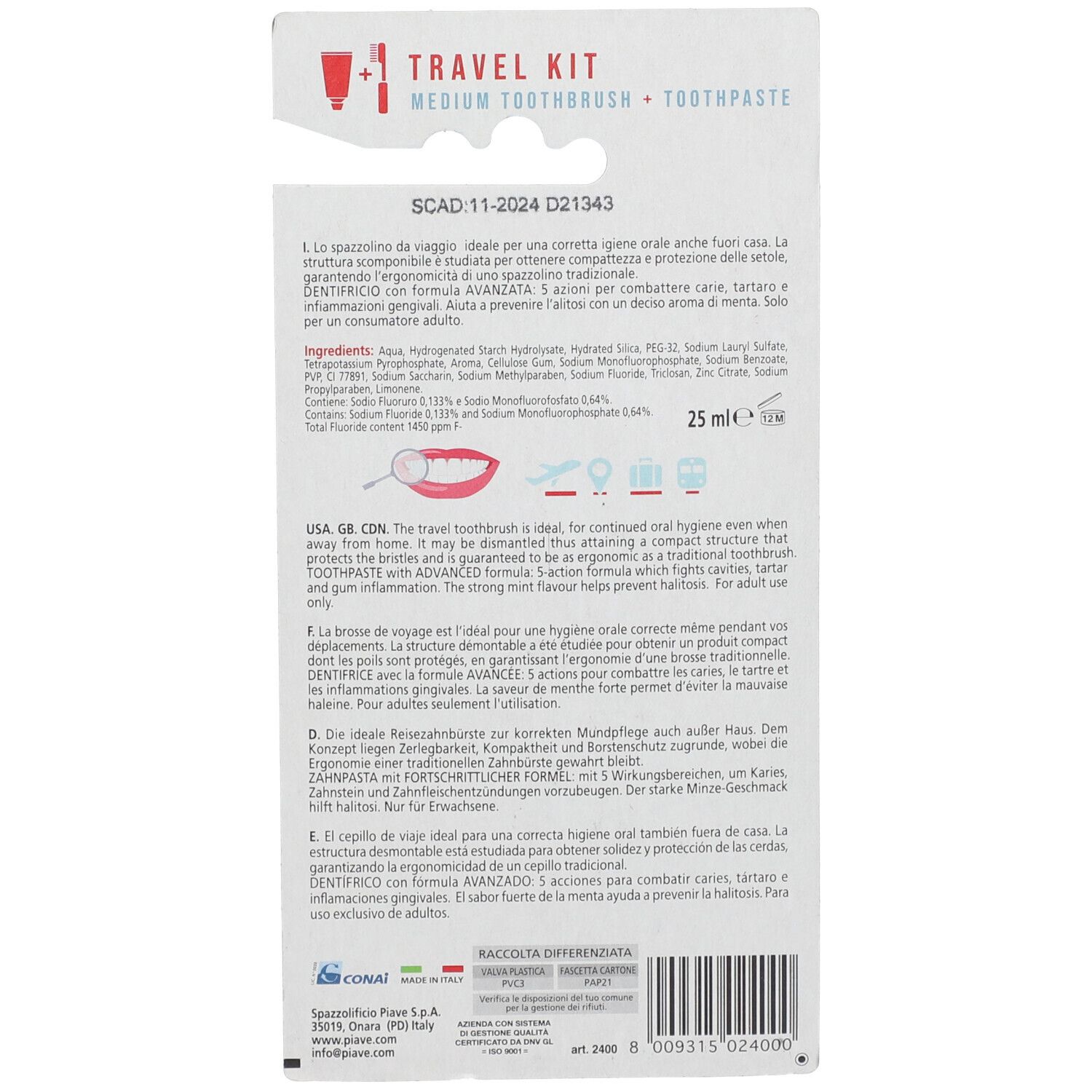 Dos de l'emballage du kit de voyage Dentonet. Texte multilingue. Ingrédients et mode d'emploi.