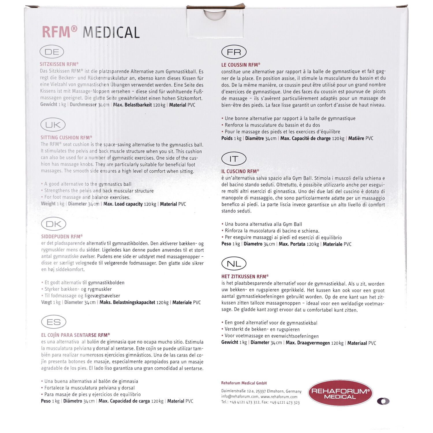 Dos de l'emballage de Sitzkissen RFM®. Texte en allemand, français, italien, néerlandais, anglais et espagnol. Logo RFM MEDICAL.