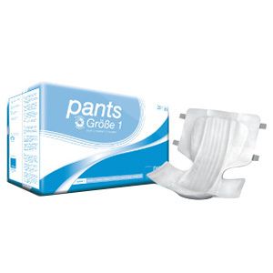 Paquet de couches-culottes, taille 1. Une couche est à côté. Emballage bleu et blanc avec le nom du produit.