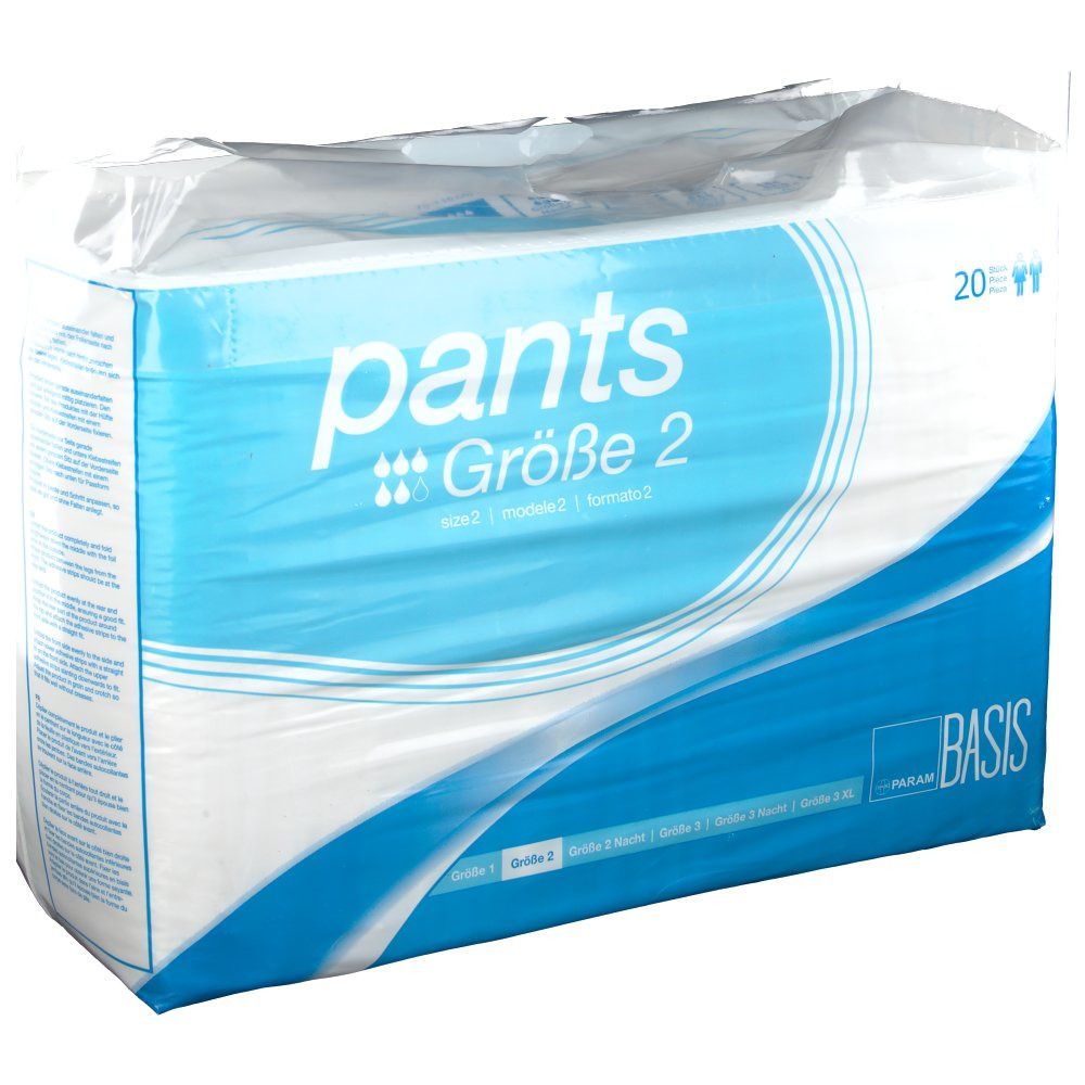 Emballage PARAM BASIS Pants Taille 2. Emballage bleu et blanc avec nom du produit et indication de taille. 20 pièces.