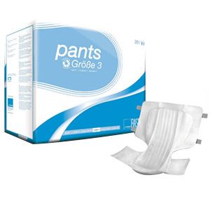 Paquet de pants absorbants taille 3. Un pantalon individuel est présenté à côté du paquet. Marque : PARAM.