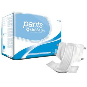Paquet de 16 Pants, taille 3XL. Un pantalon individuel est présenté à côté. Emballage bleu et blanc avec le nom du produit.