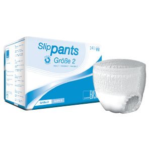 Slip-Pants blancs, taille 2, à côté de l'emballage. Emballage avec nom du produit et taille.