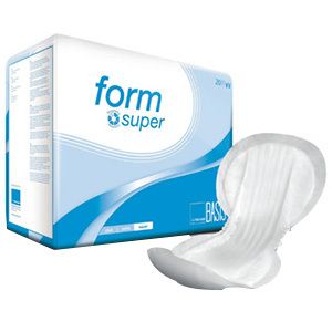 Serviettes d'incontinence, emballage et une seule. Marque Form super, 20 pièces. Forme anatomique, blanche.