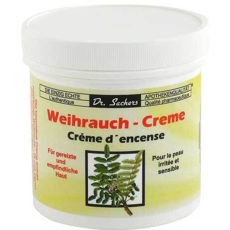 Pot blanc avec étiquette jaune. Inscription: Weihrauch-Creme, Dr. Sachers. Avec illustration de plante.