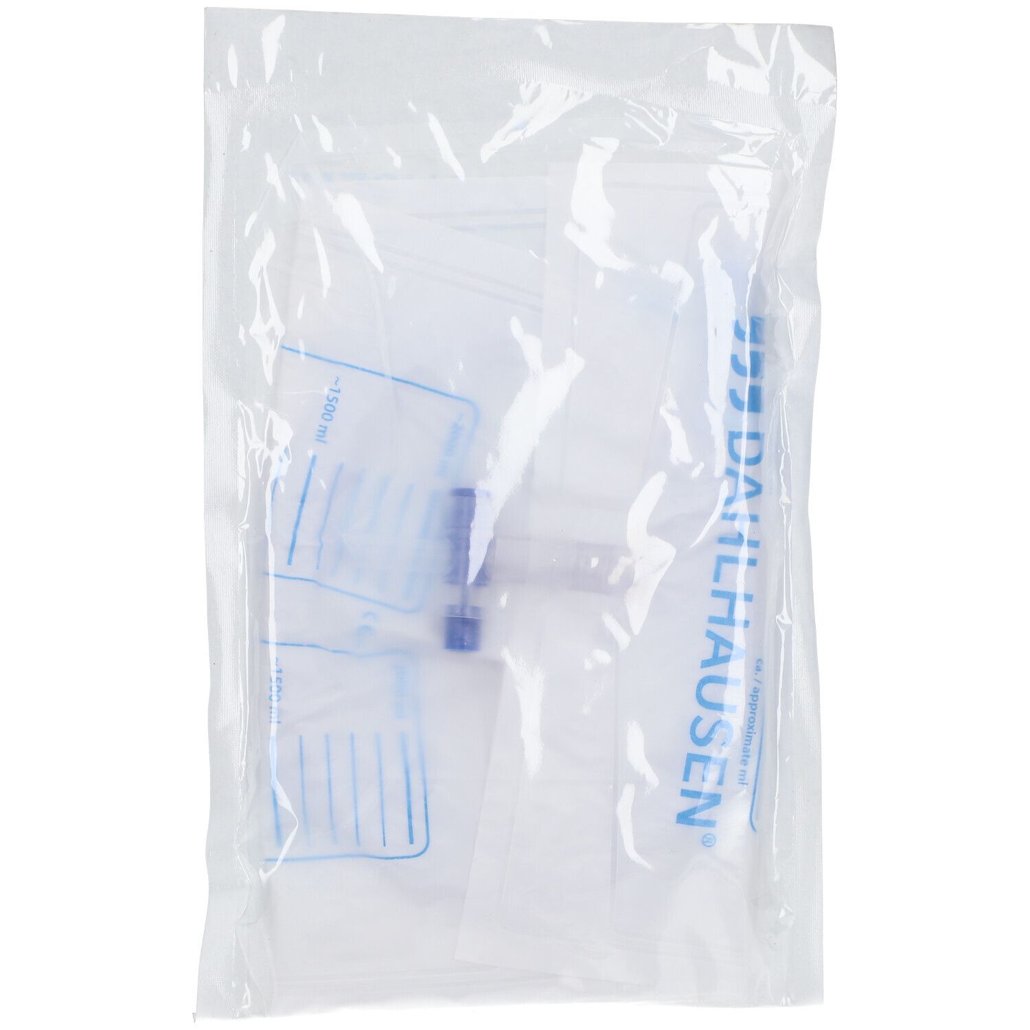 Pochette transparente contenant une poche à urine stérile. Échelle bleue, connecteurs bleus et logo Dahlhausen visibles.