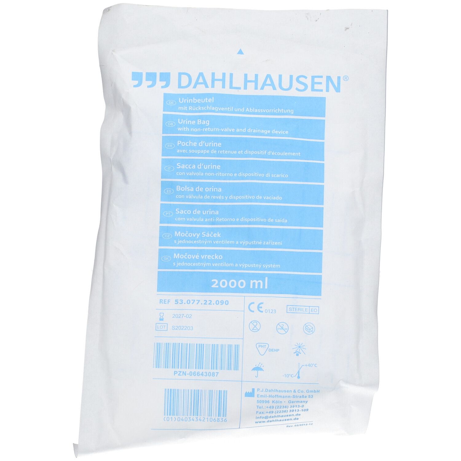 Poche à urine dans un emballage blanc avec logo et texte bleu Dahlhausen. Capacité 2000 ml, code-barres et marquage CE.