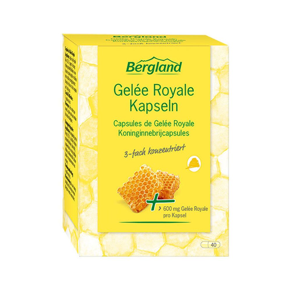 Boîte de gélules de Gelée Royale. Boîte jaune avec nom du produit et illustration de rayons de miel. 40 gélules.