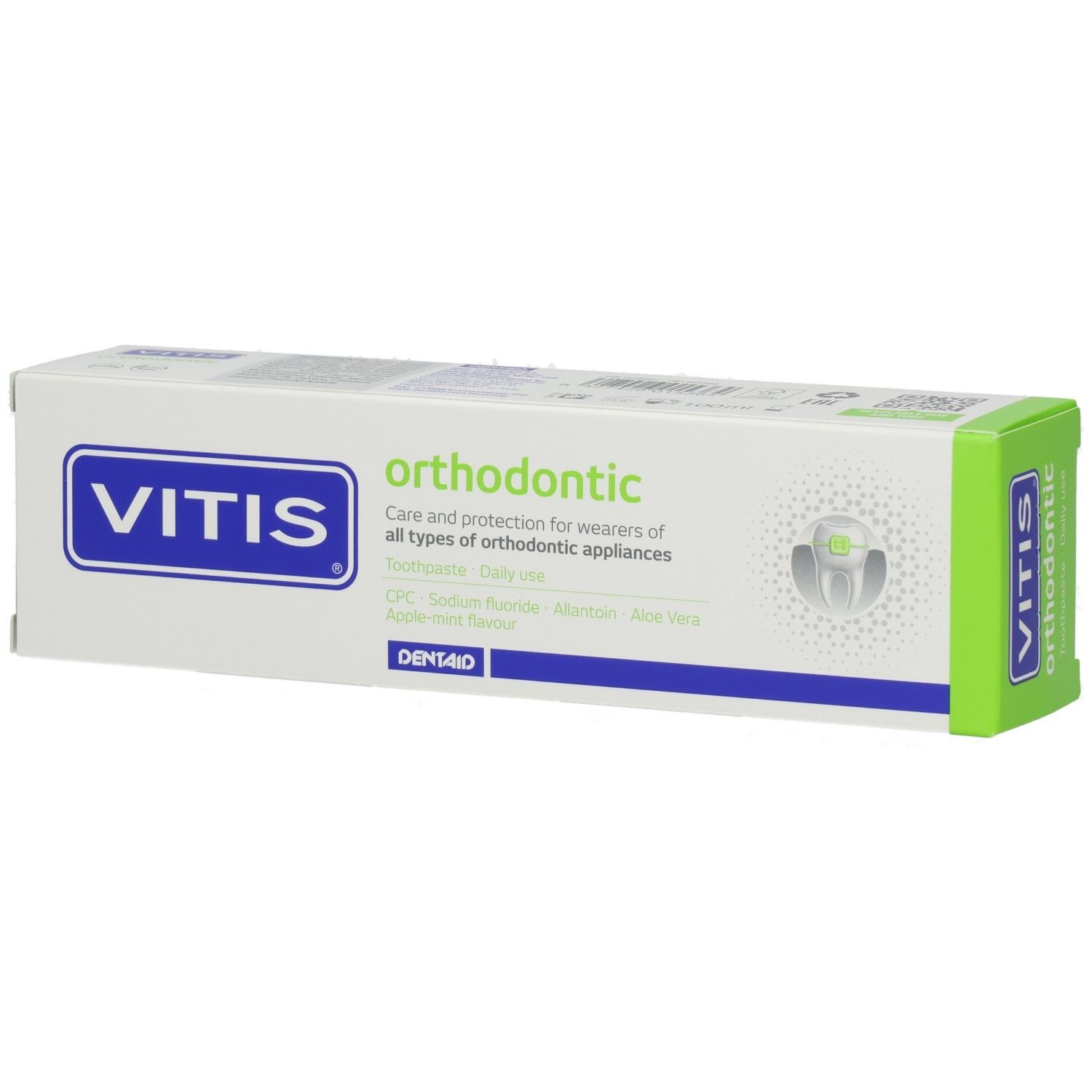 Boîte de dentifrice VITIS orthodontic, face avant avec informations produit et logo.