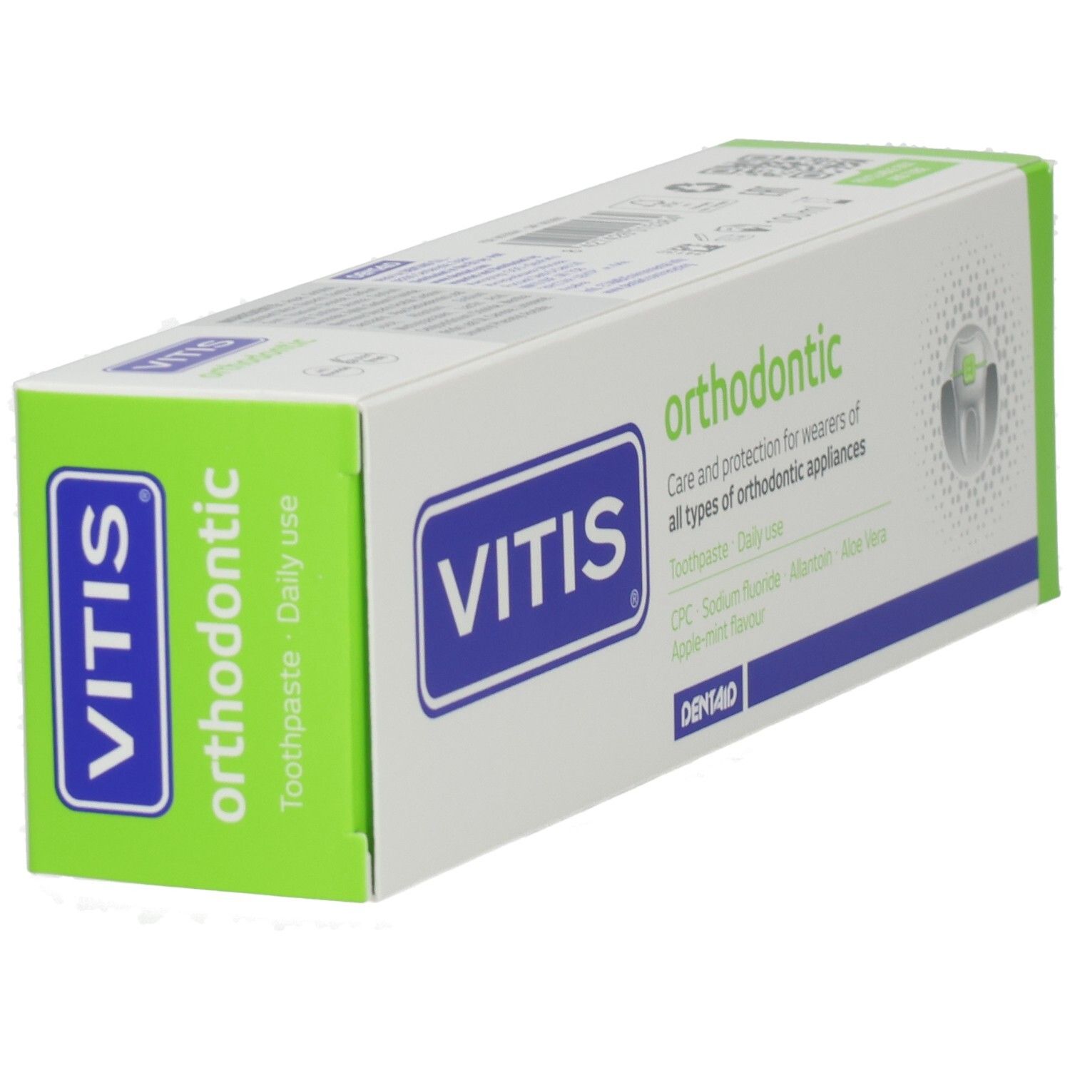 Boîte de dentifrice VITIS orthodontic, vue de trois quarts avant gauche avec informations produit.