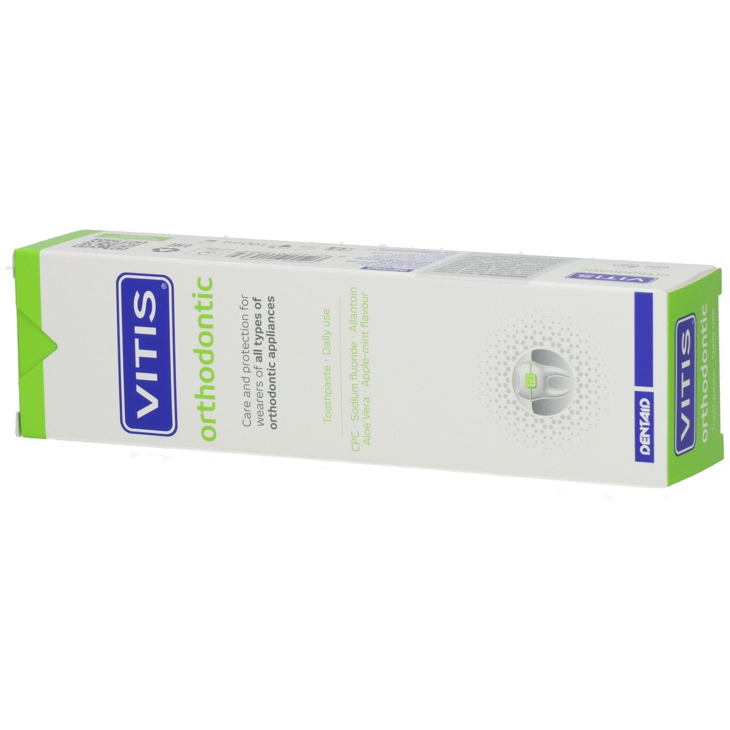 Boîte de dentifrice VITIS orthodontic, vue de trois quarts avant droite avec informations produit.