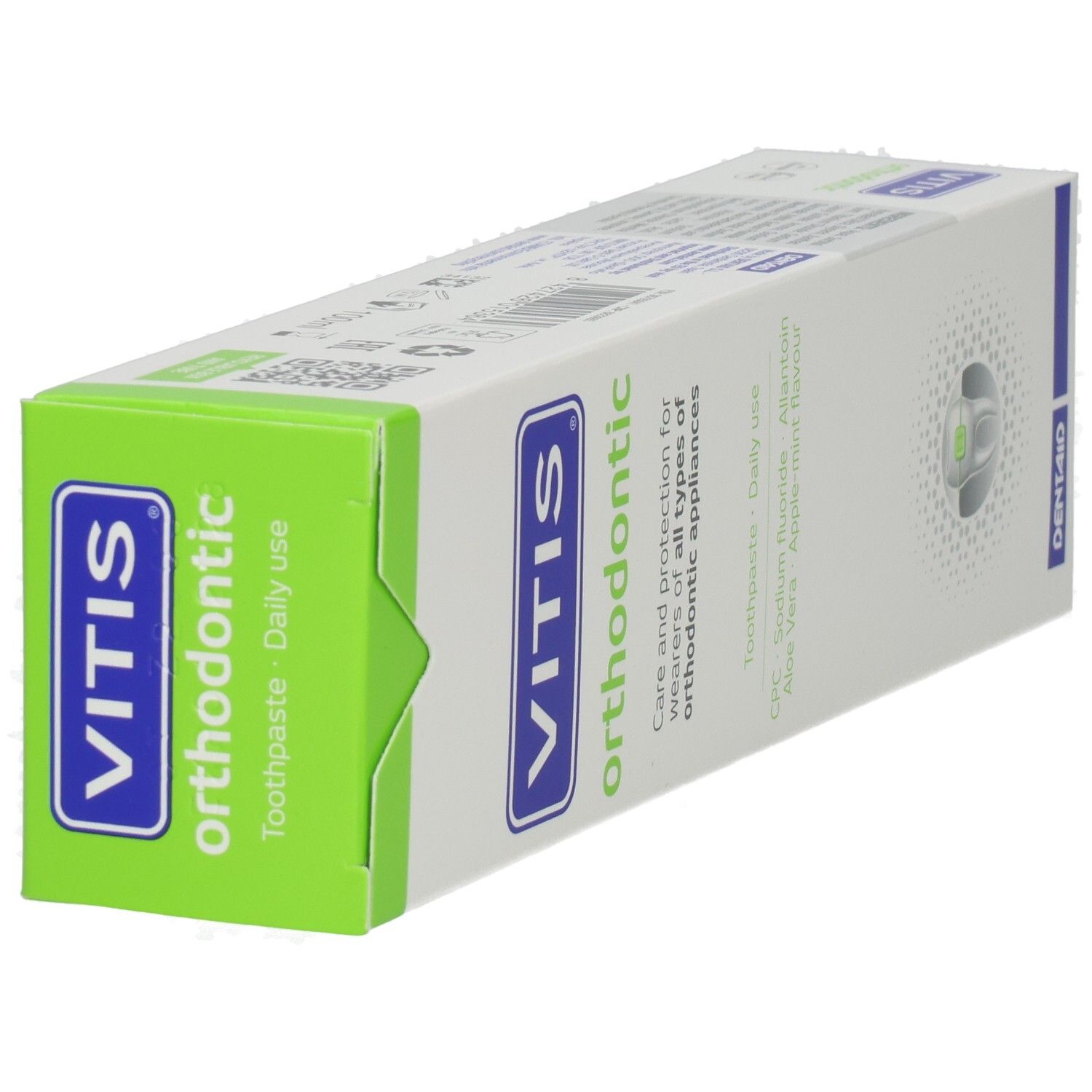Boîte de dentifrice VITIS orthodontic, vue de trois quarts avant gauche avec informations produit.
