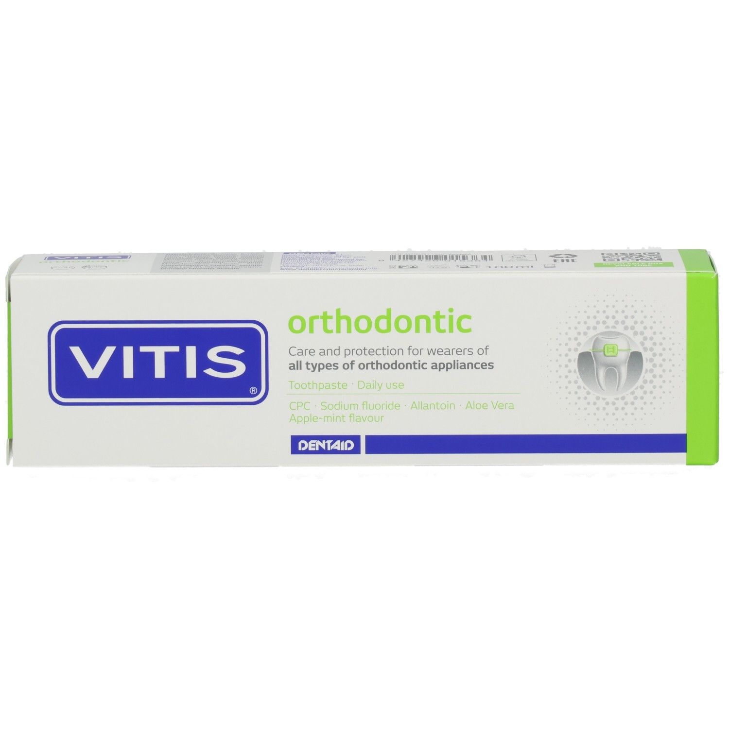 Boîte de dentifrice VITIS orthodontic, face avant avec informations produit et logo.
