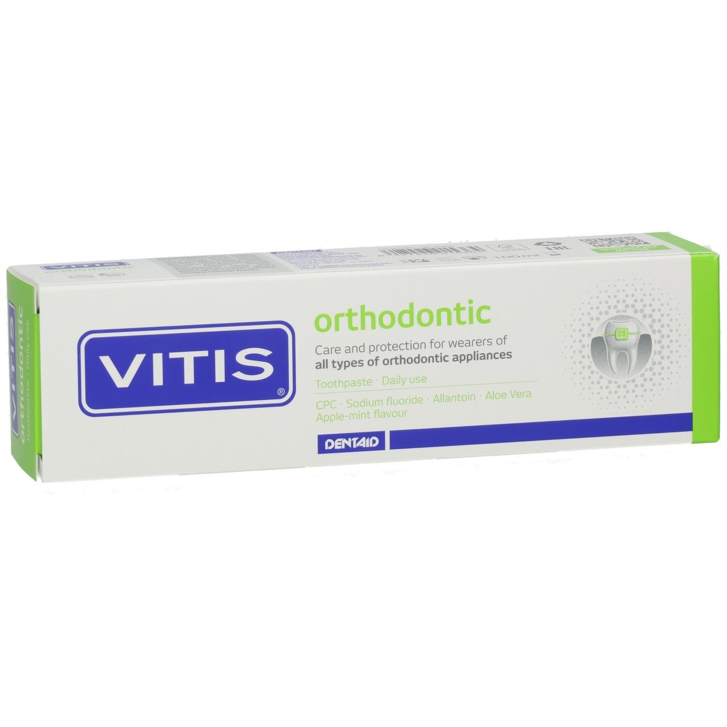 Boîte de dentifrice VITIS orthodontic, face avant avec informations produit et logo.