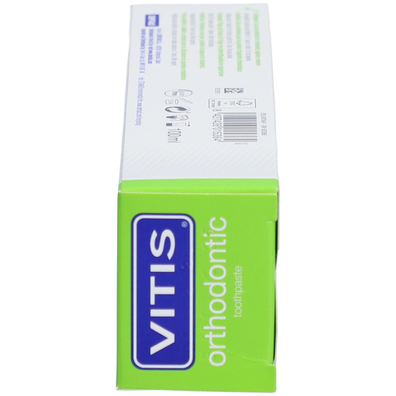Boîte de dentifrice VITIS orthodontic, vue latérale avec logo et nom du produit.