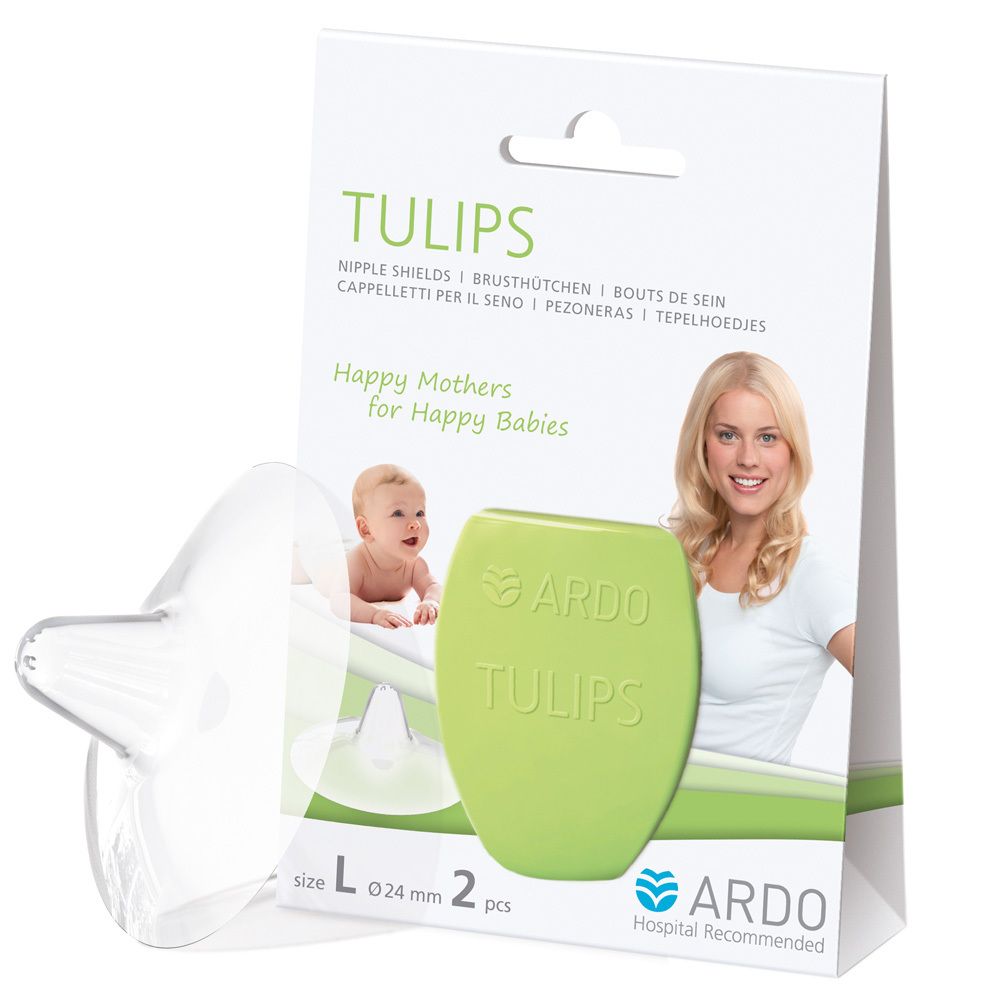 Emballage de deux protège-mamelons ARDO TULIPS, taille L, 24 mm. Image d'une femme et d'un bébé. Texte: Happy Mothers for Happy Babies.