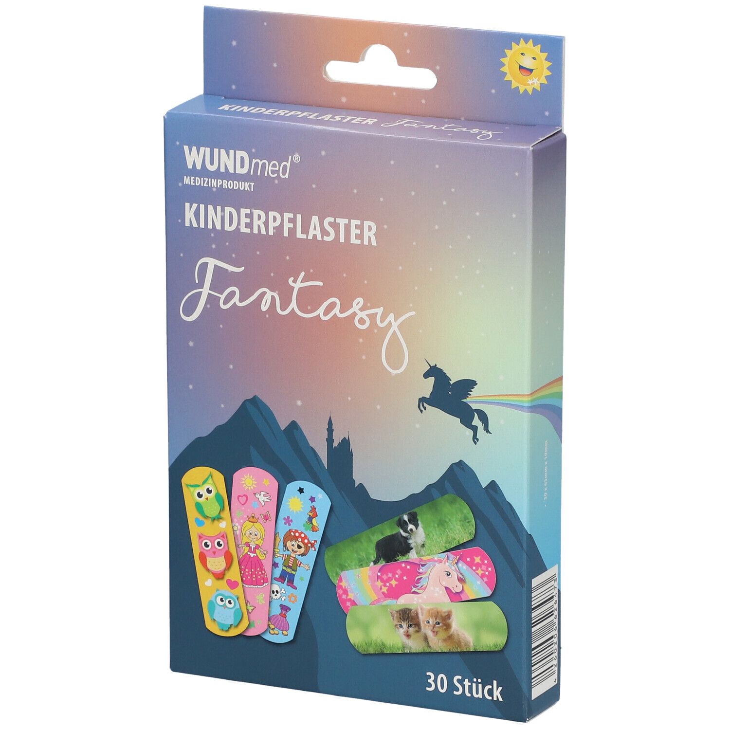 Emballage WUNDmed pansements pour enfants Fantasy, 30 pièces. Montre des pansements colorés avec des motifs de hiboux, princesses et animaux.