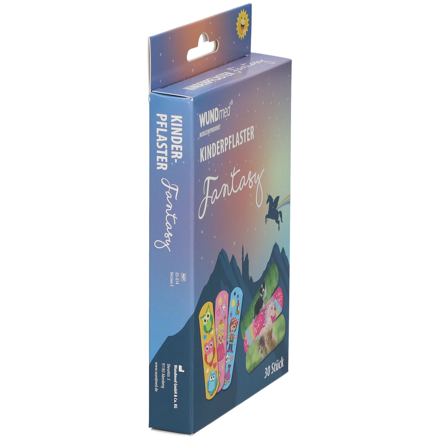 Vue latérale de l'emballage WUNDmed pansements pour enfants Fantasy. Contient 30 pièces avec des motifs d'animaux.