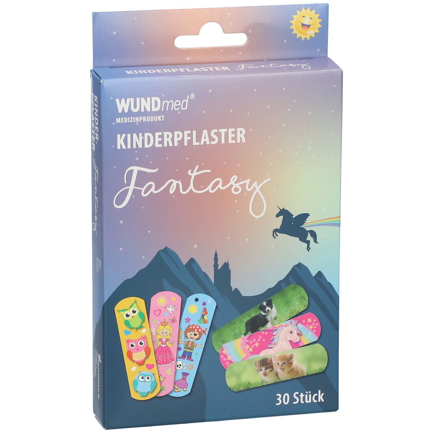 Emballage WUNDmed pansements pour enfants Fantasy. Contient 30 pièces avec des motifs d'animaux fantaisistes comme des licornes et des chatons.