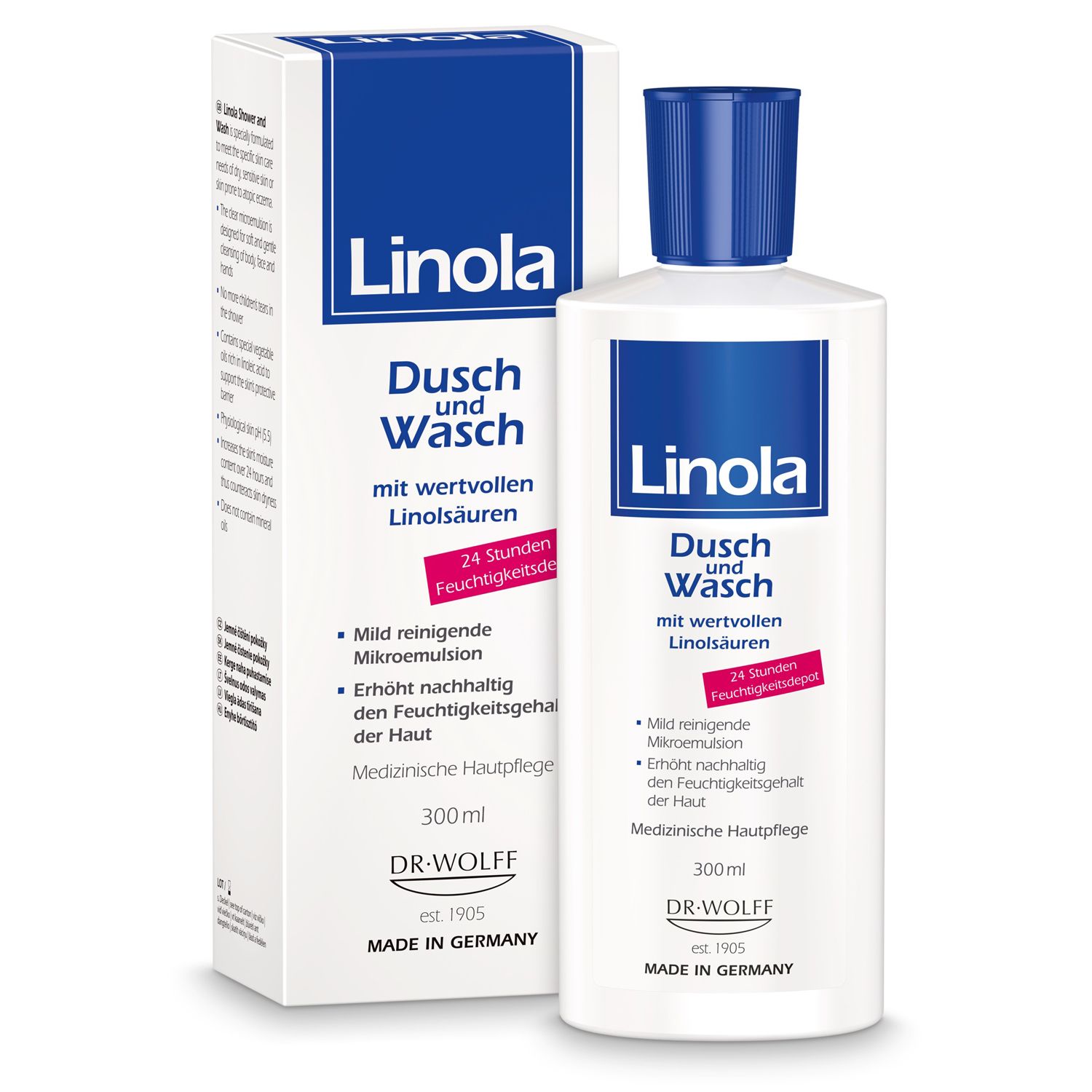 Linola Dusch und Wasch, flacon et emballage. Blanc, bleu. Texte : acides linoléiques, dépôt d'hydratation 24h.