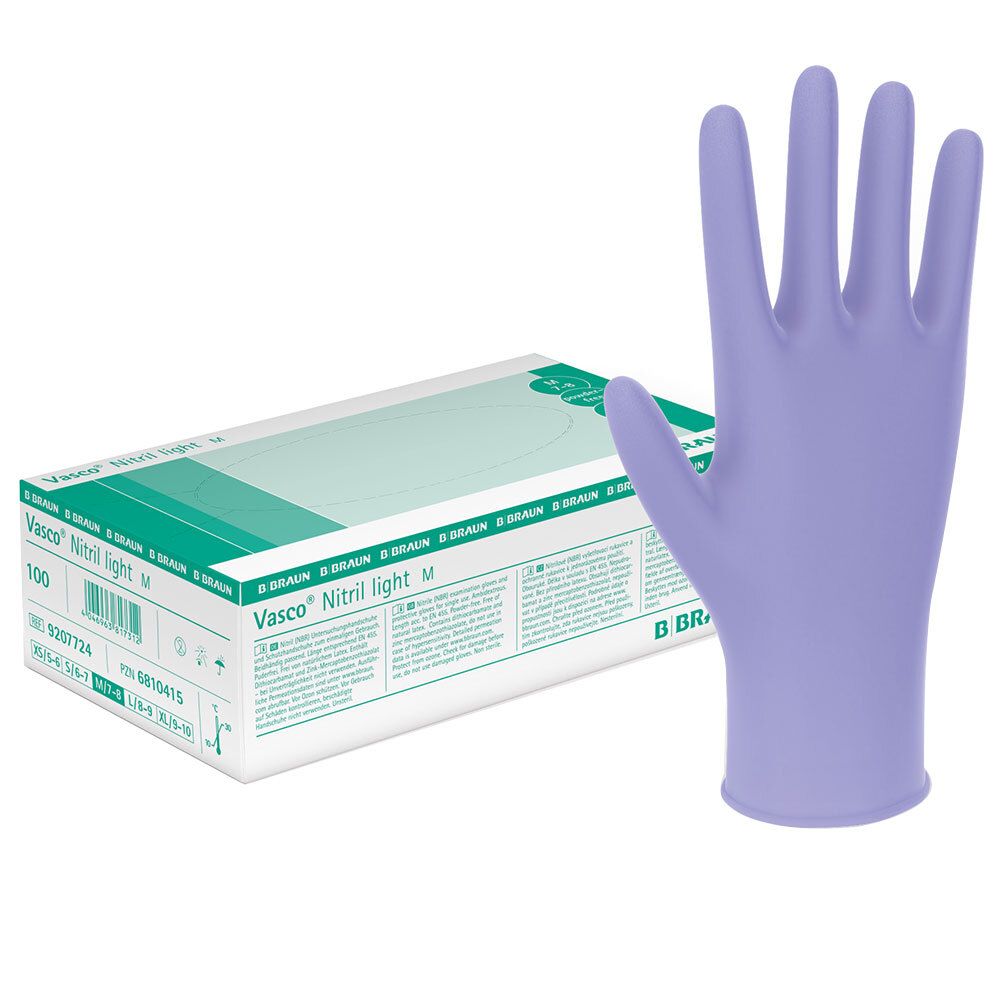 Gant en nitrile, taille M, lilas clair. Emballage avec inscription Vasco® Nitril light M et logo B. Braun. 100 pièces.