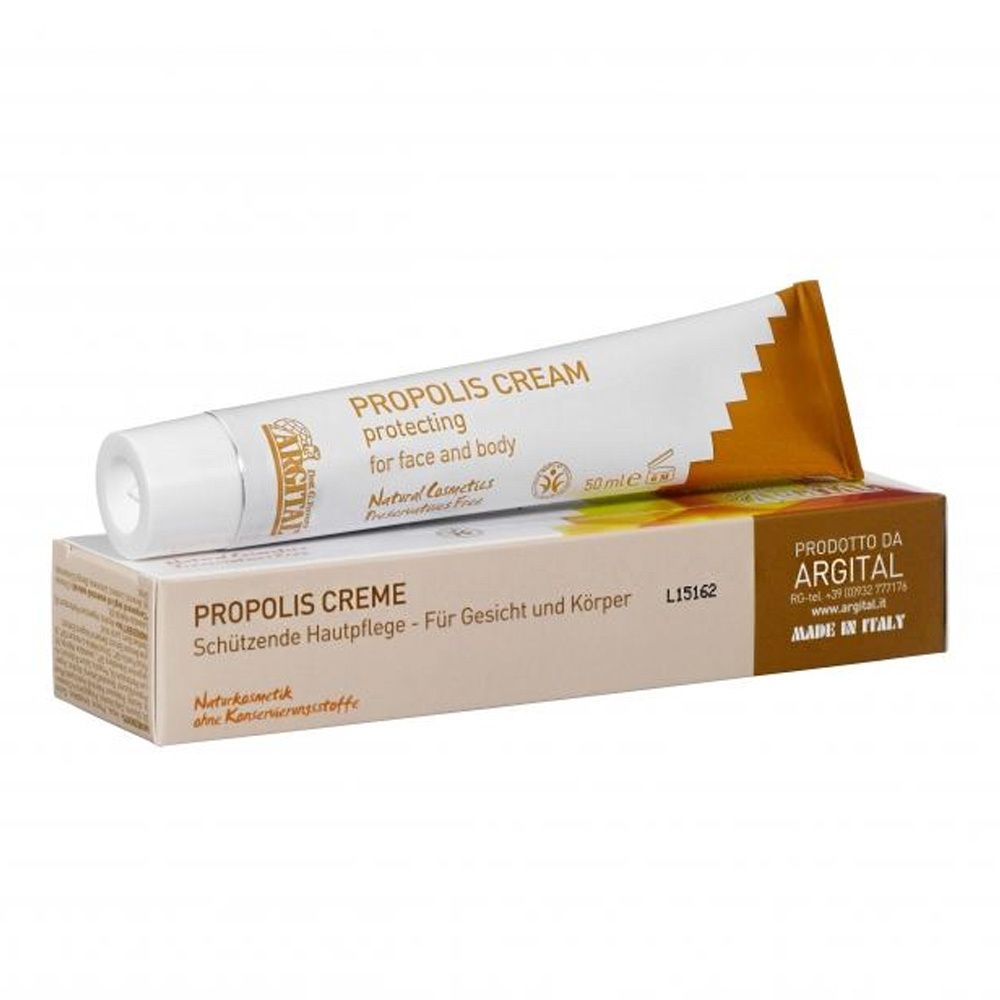 Tube et boîte de crème. Inscription : Propolis Creme, pour le visage et le corps. Marque : Argital.