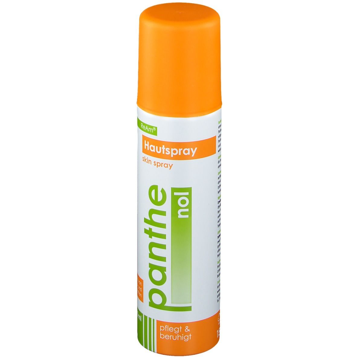 Flacon de spray pour la peau avec bouchon orange. Inscription : Hautspray, Panthenol, soigne et apaise.