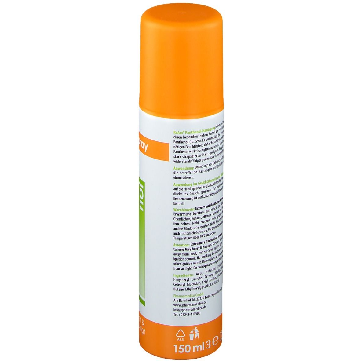 Dos du flacon de spray pour la peau. Informations textuelles, ingrédients, avertissements et coordonnées du fabricant.
