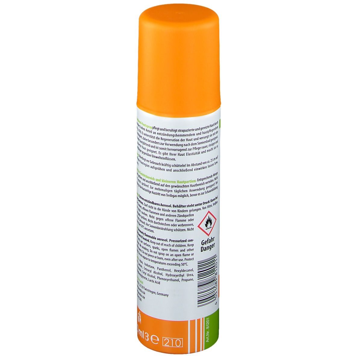 Dos du flacon de spray pour la peau. Informations textuelles, avertissements, symbole de danger et coordonnées du fabricant.