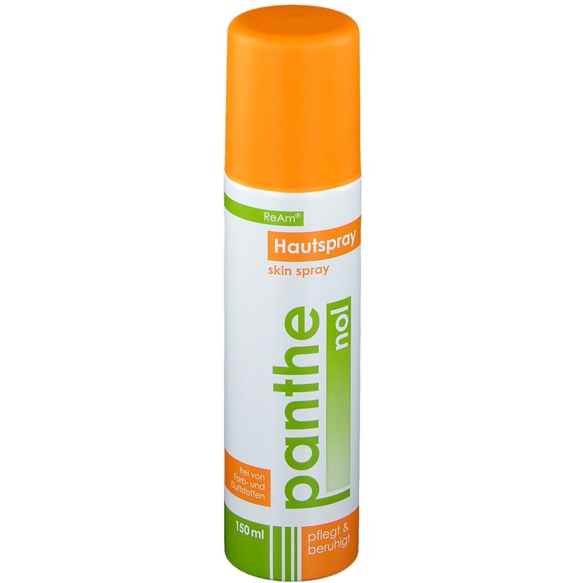 Flacon de spray pour la peau avec bouchon orange. Inscription : Hautspray, Panthenol, soigne et apaise.