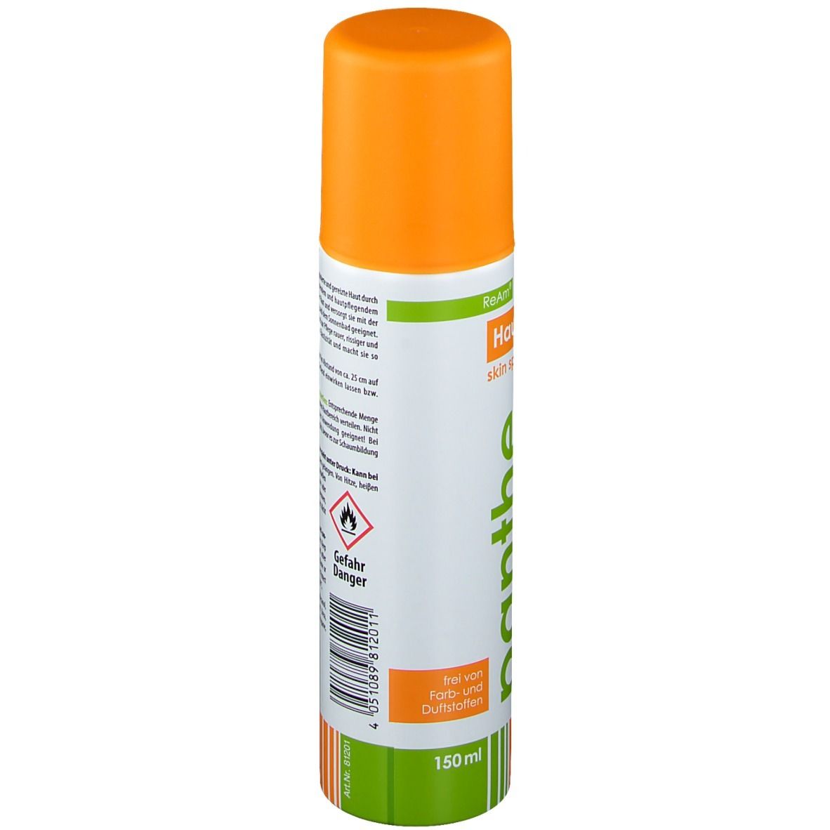 Dos du flacon de spray pour la peau. Informations textuelles, avertissements, symbole de danger et coordonnées du fabricant.