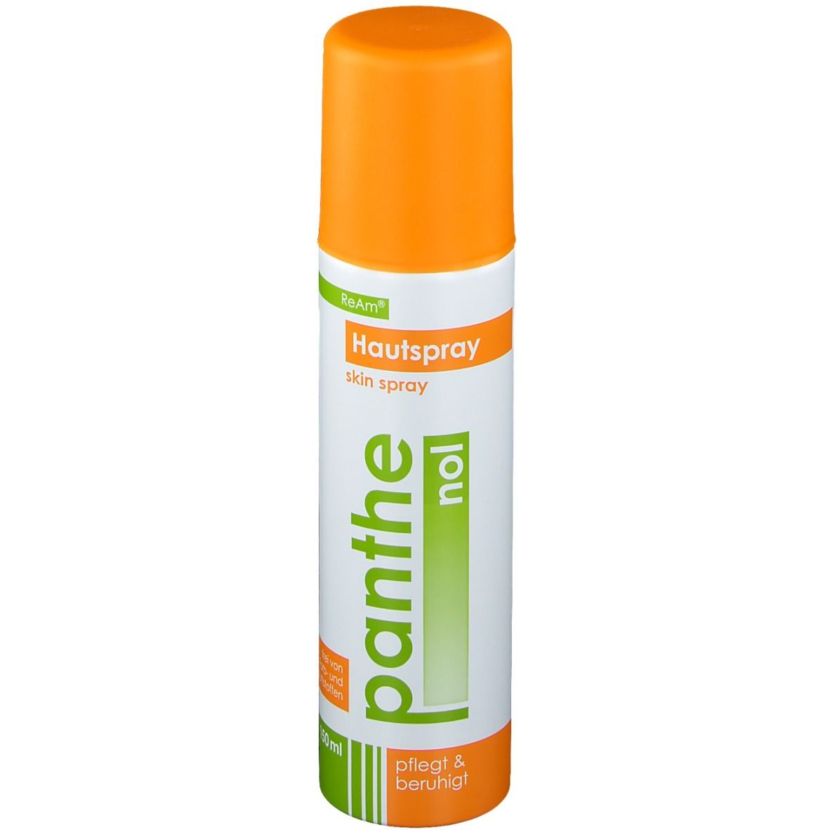 Flacon de spray pour la peau avec bouchon orange. Inscription : Hautspray, Panthenol, soigne et apaise.