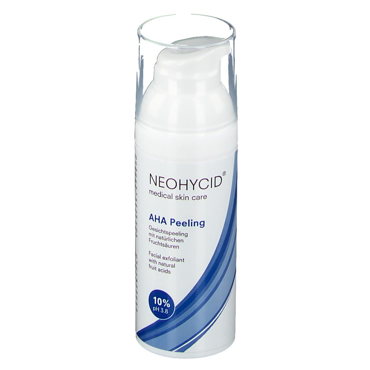 Flacon blanc avec pompe. Inscription: NEOHYCID, AHA Peeling, 10% pH 3.8. Forme d'onde bleue.