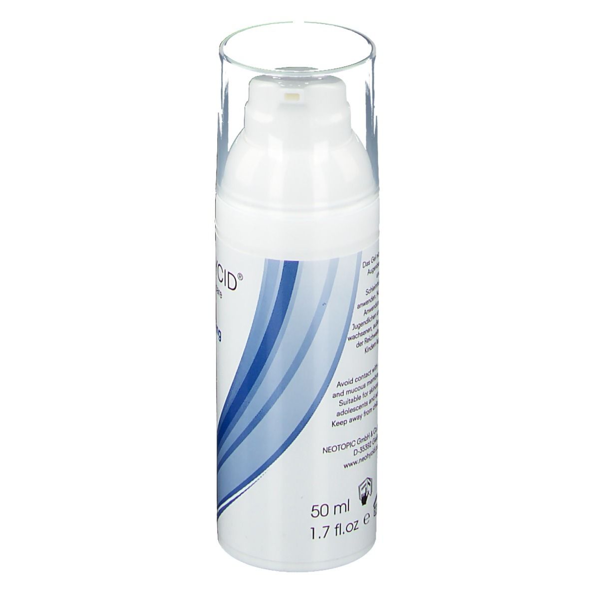 Flacon blanc avec pompe. Inscription: NEOHYCID, AHA Peeling. Texte en allemand. 50 ml, 1.7 fl.oz.